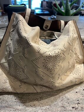Women's Cream Laser-Cut Leather Tote Bag